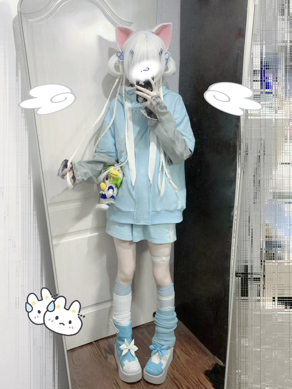 Tenshi Kaiwai Coat Summer Light Blue Short Sleeve Hoodie (Large Small / Shorts) 29442:349846