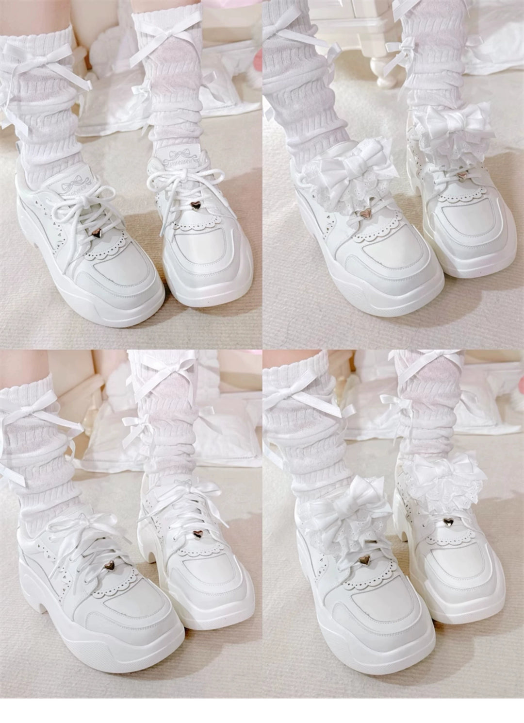 Jirai Kei Sneakers Platform Shoes With Lace Bow and Ruffle Trim 42161:729242