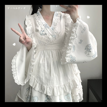 Tenshi Kaiwai Patchwork Skirt Kimono Top White Apron Three-Piece Set 36786:536662