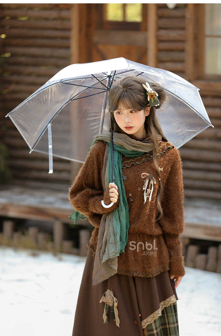 Mori Kei Stand-Collar Sweater, Irregular Plaid Skirt 44214:803842