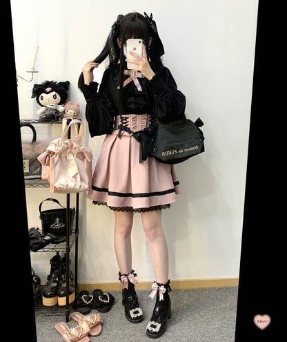 Jirai Kei Skirt High Waist Lace Up Skirt With Bow Tie 31860:396720