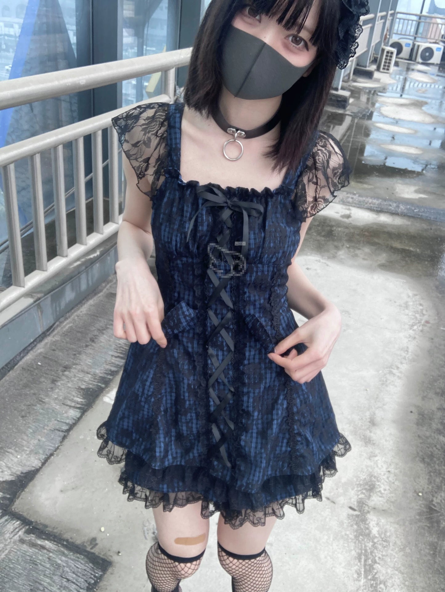 Jirai Kei Dress Set Blue Plaid Flying Sleeve Dress 35266:485284