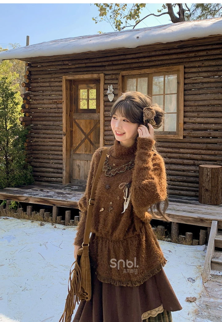 Mori Kei Stand-Collar Sweater, Irregular Plaid Skirt 44214:803841