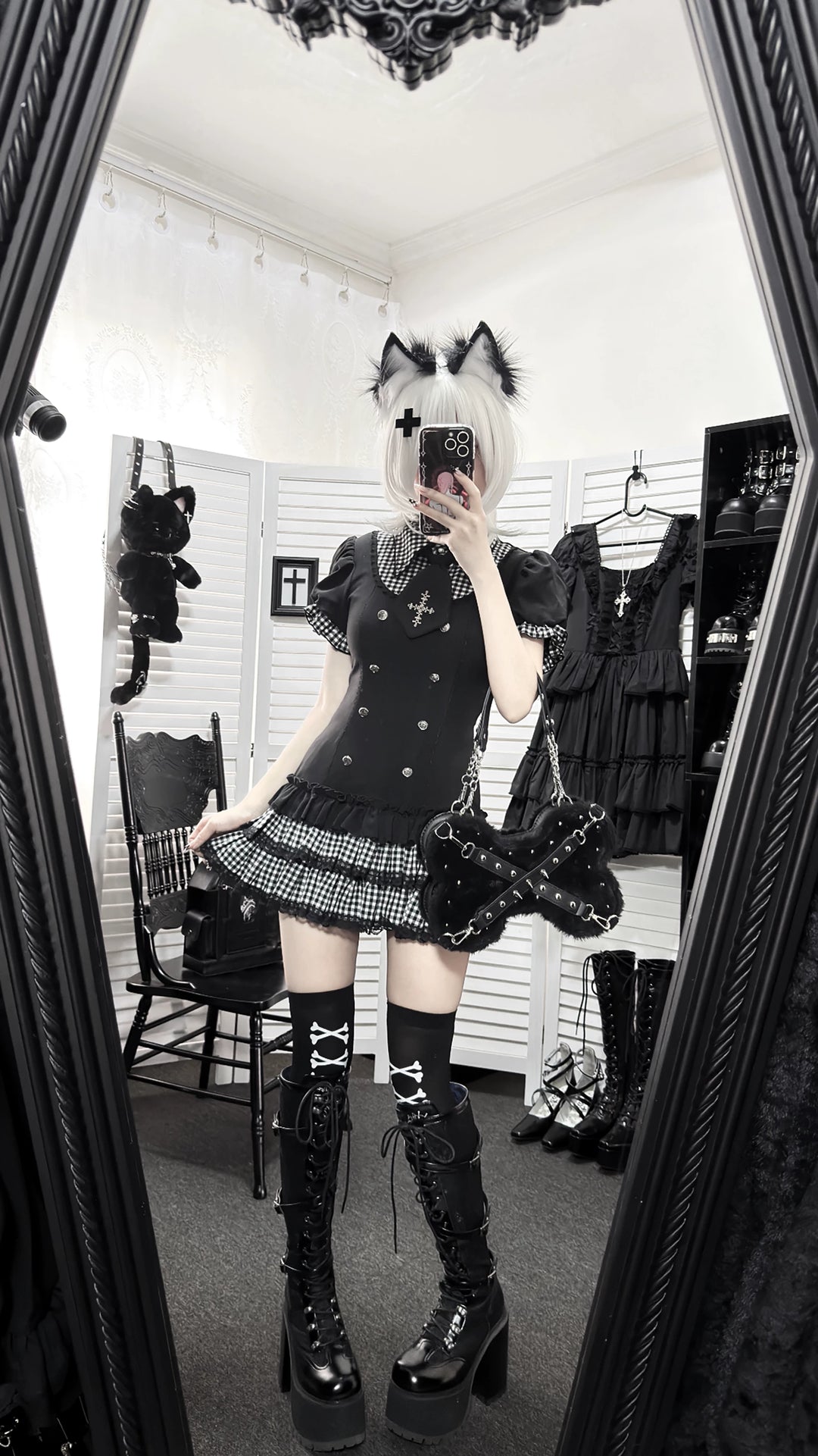 Low-Waist Jirai Kei Dress Set, Cross Embroidery 44780:826729