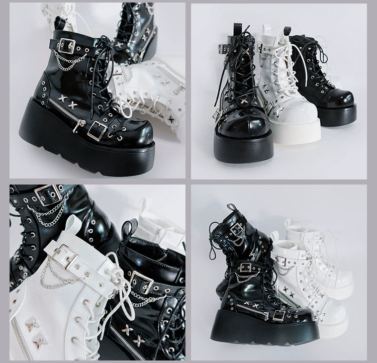 Punk Shoes Black White Platform Gyaru Fashion Combat Boots 29710:368828