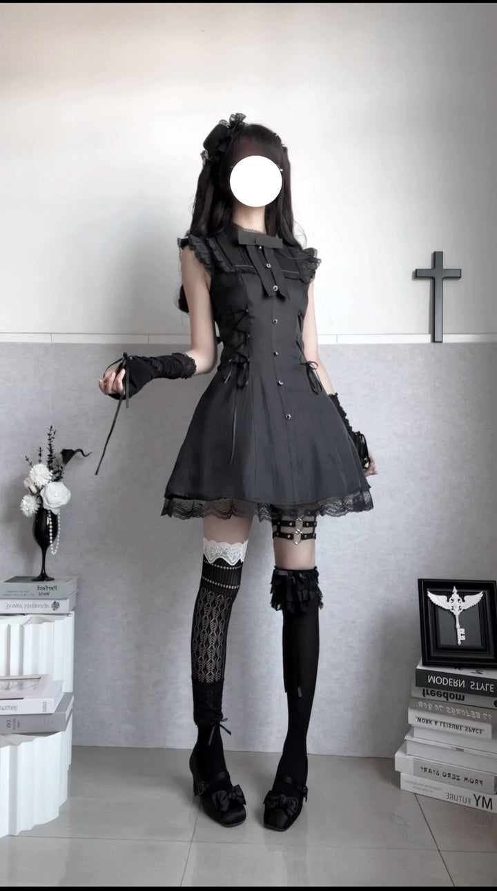 Daily Ruffle Shoulder Dress, Waist Lace-Up 44169:798682