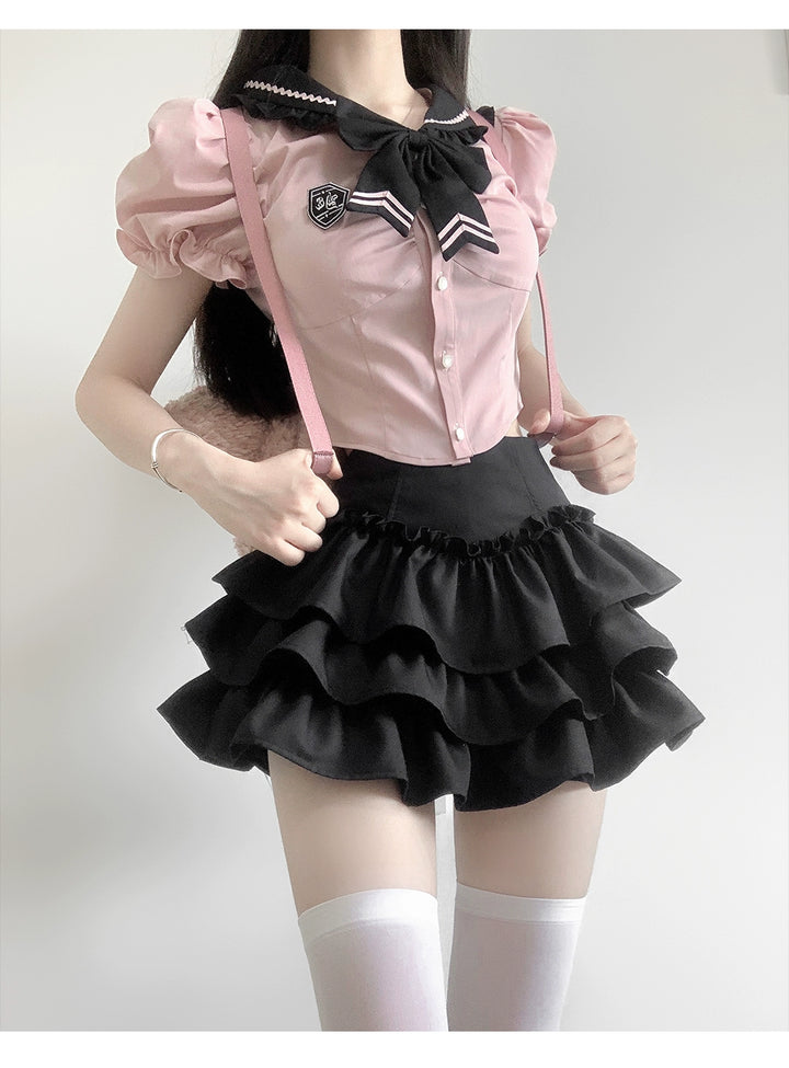 Gyaru Fashion Outfit Puff Sleeves Blouse High Waist Skirt 37010:549146