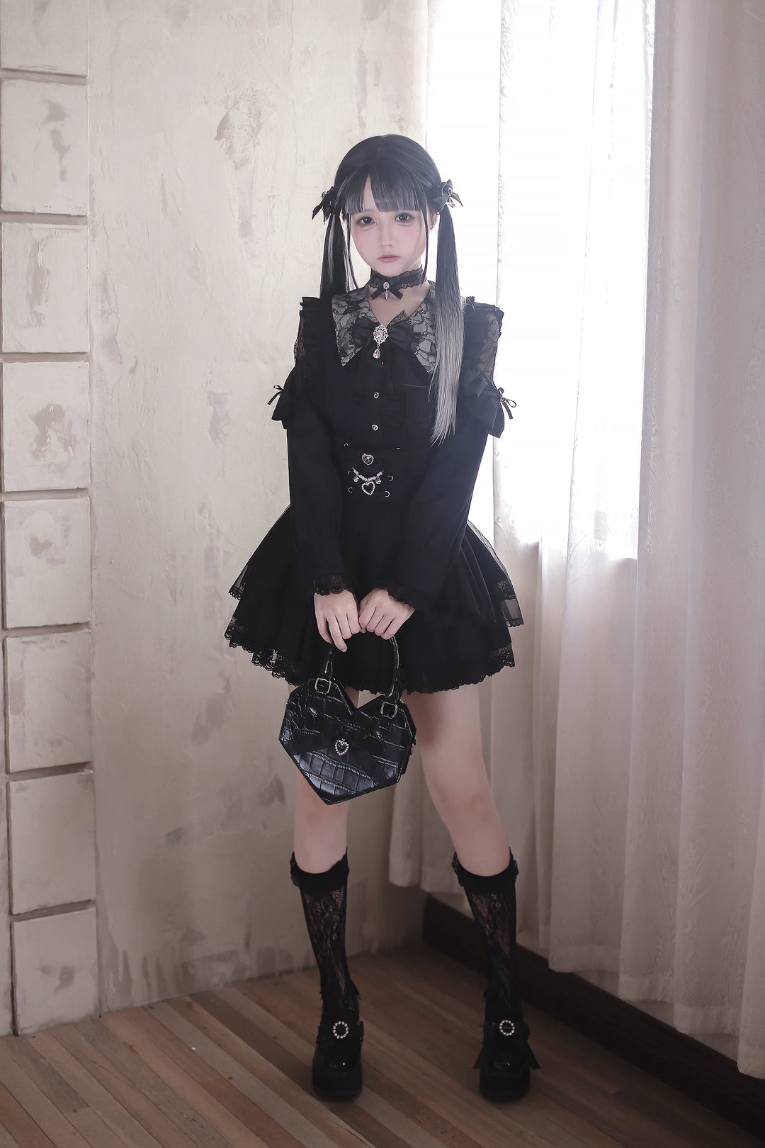 Jirai Kei Long Sleeve Blouse, Lace Open-Shoulder 44588:815106