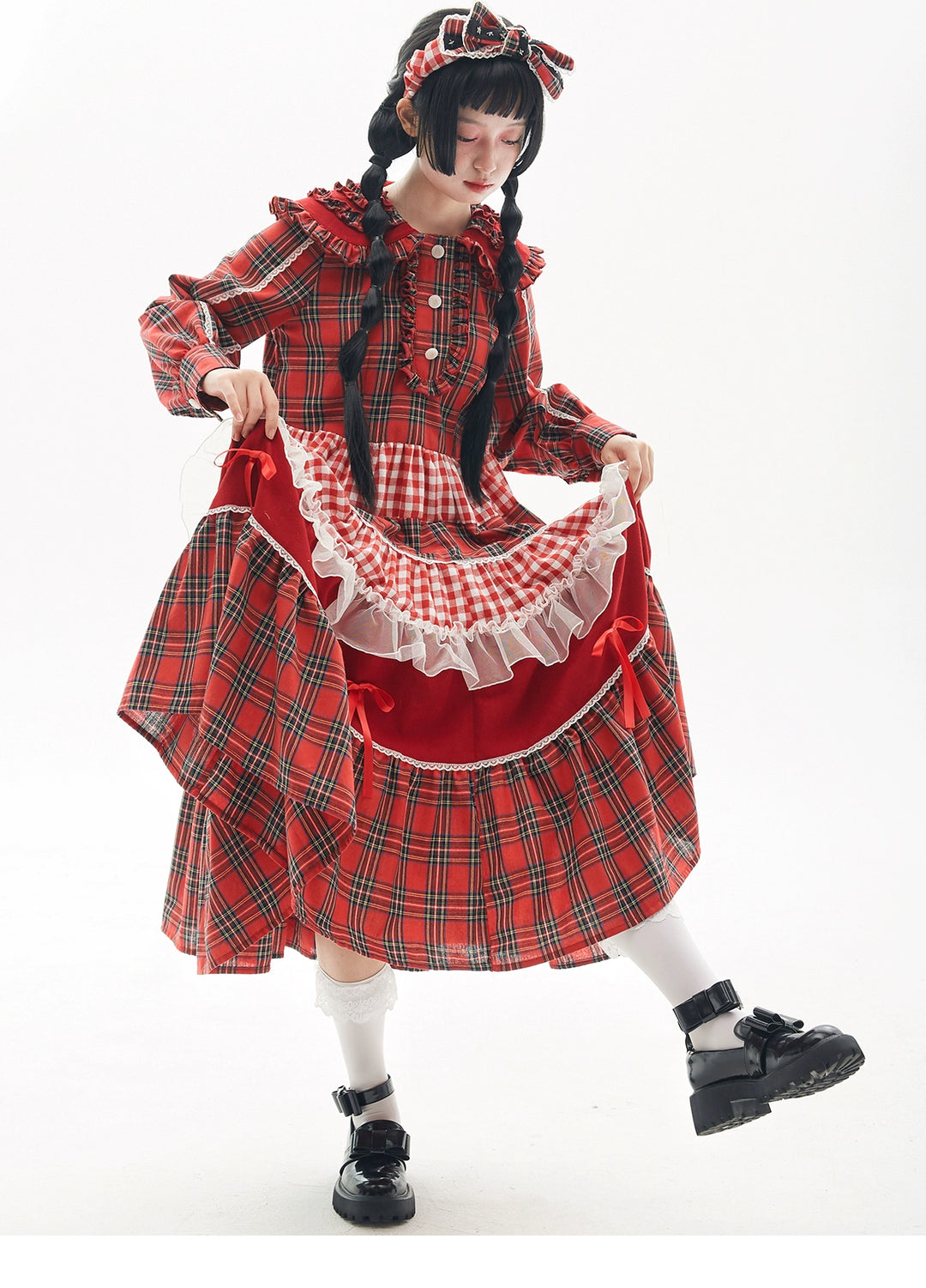 Sweet Lolita Dress Kawaii Dress Retro Dress Red Plaid Dress 36148:542786 36148:542786