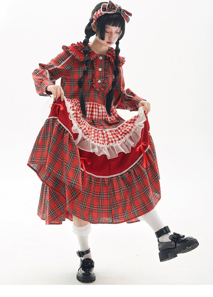 Sweet Lolita Dress Kawaii Dress Retro Dress Red Plaid Dress 36148:542786 36148:542786