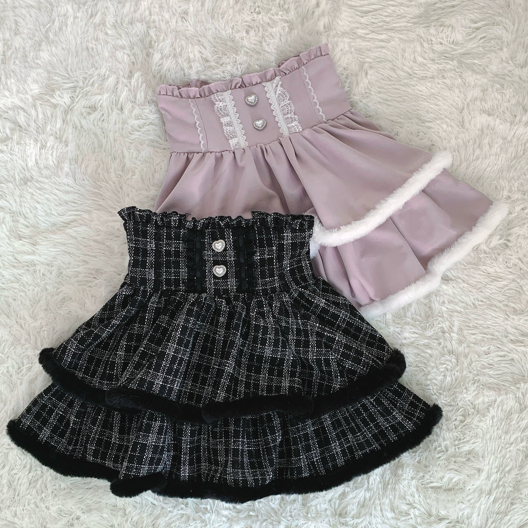 Jirai Kei Skirt Winter Tiered Puffy Skirt with Plush Trim 41308:693966