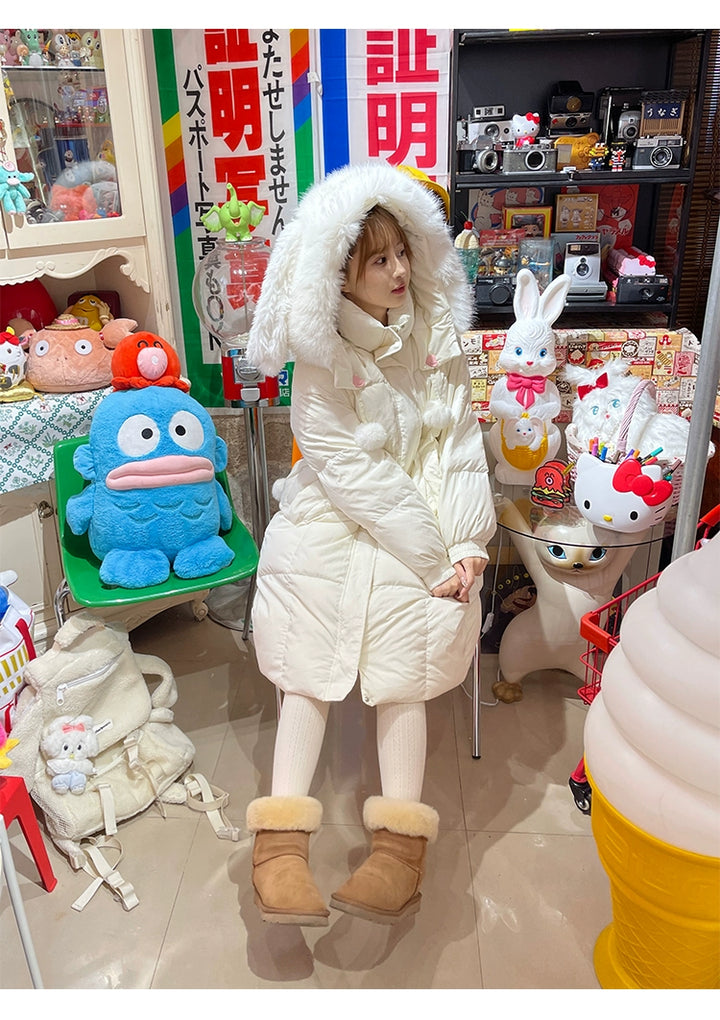 Kawaii Winter Coat Rabbit Ear Hooded Long Down Jacket (White / M S) 40340:665604