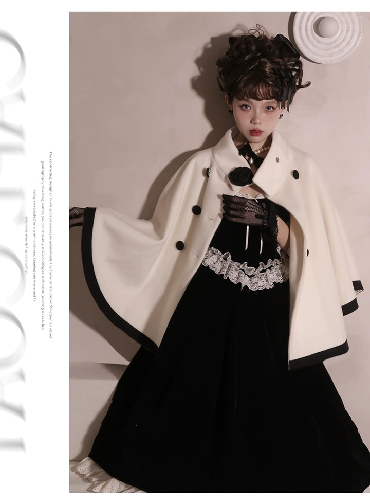 Elegant Lolita Winter Coat Black and White Camellia Cape 40284:658218