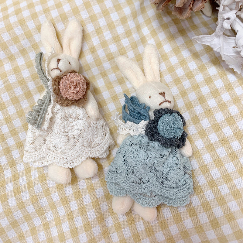 Mori Kei Vintage Beige Blue Lace Bunny Crochet Brooch 22588:324940