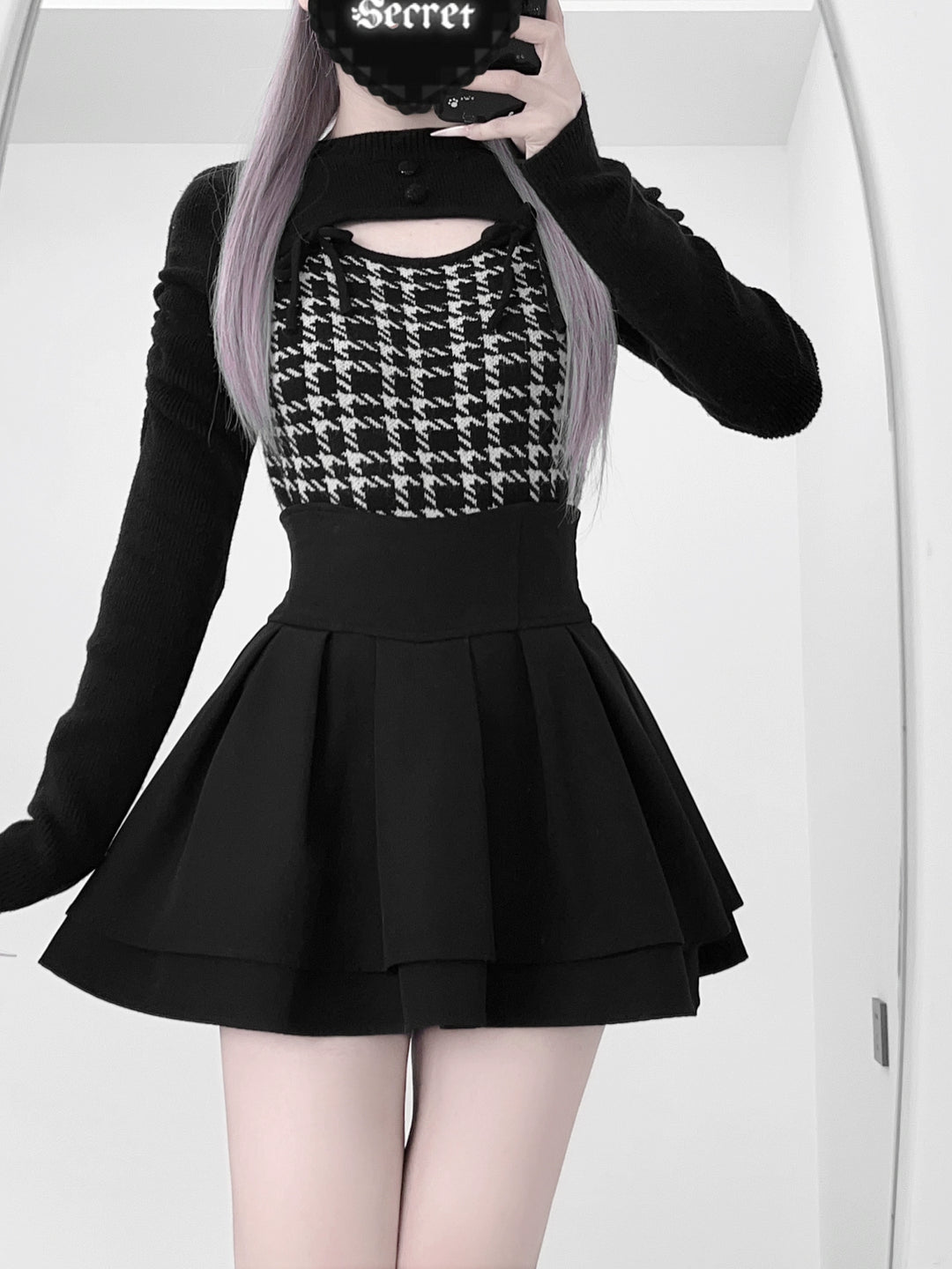 Jirai Kei Long Sleeves Sweater, Houndstooth Patterns 44154:797149