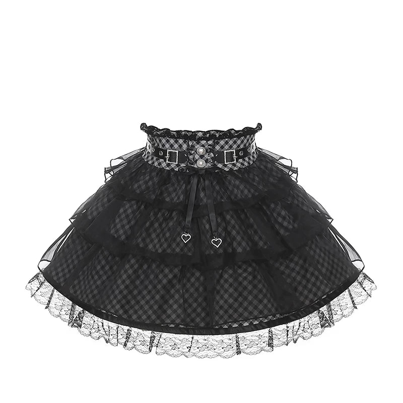 Jirai Kei Black Blouse and Plaid Skirt Set, Tulle Overlay (L M S XL) 45572:855464