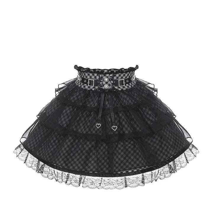 Jirai Kei Black Blouse and Plaid Skirt Set, Tulle Overlay (L M S XL) 45572:855464