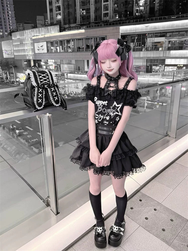 Halter Neck Punk Bunny Print T-shirt, Layered Star Skirt 45361:851444