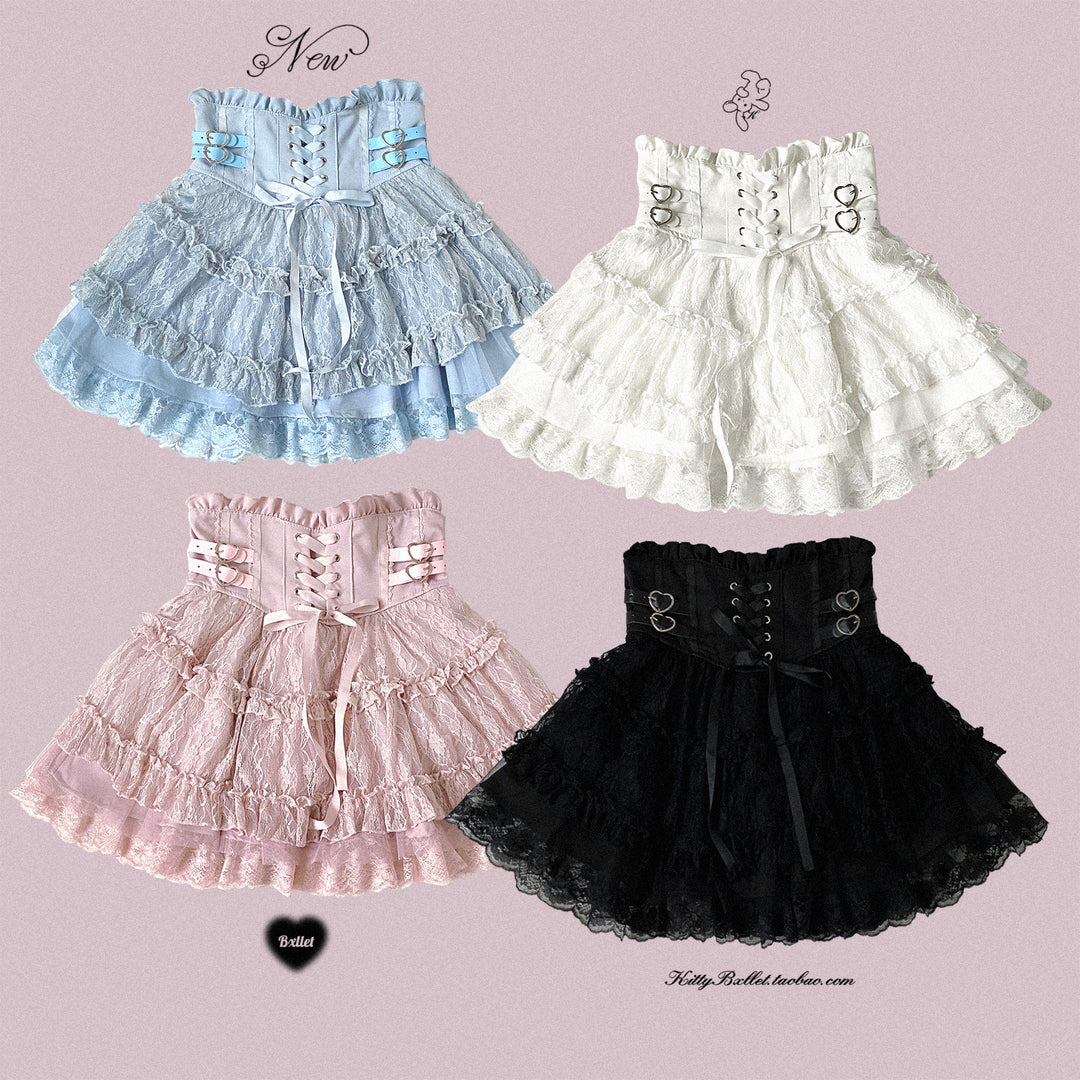 Jirai Kei Skirt High-Waist Lace Trim Layered Skirt With Lace-up Design 41880:717114