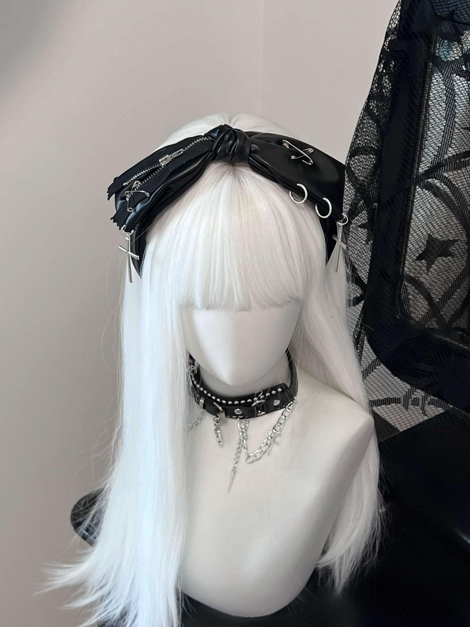 Dark Gothic Hair Clasp Punk Bow Headdress Leather Headband 37268:555170