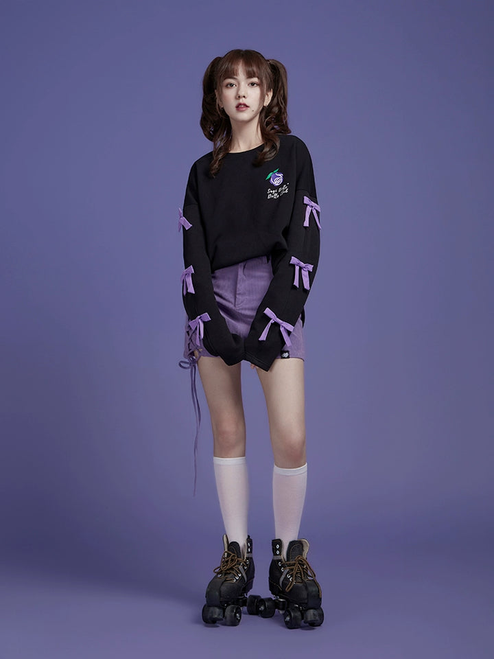 Jirai Kei Sweatshirt Purple Black Bow Rose Pullover Sweatshirt 32452:422568 32452:422568