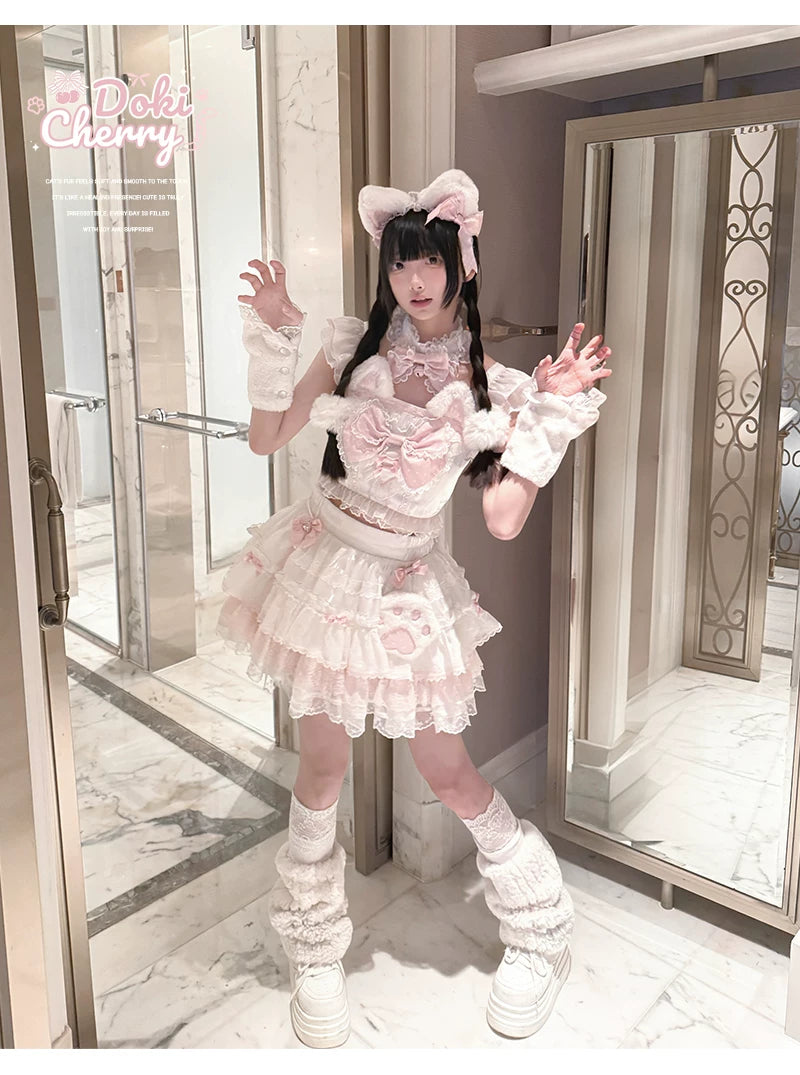 Kawaii Lolita Tiered Skirt Set, Cat Ears & Polka Dot Bow 44958:837121