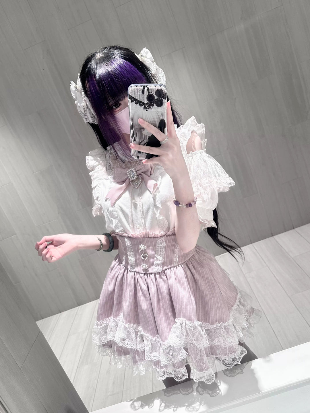 Jirai Kei Petal Shaped Hem Skirt, Layered Lace Hem 45646:857706