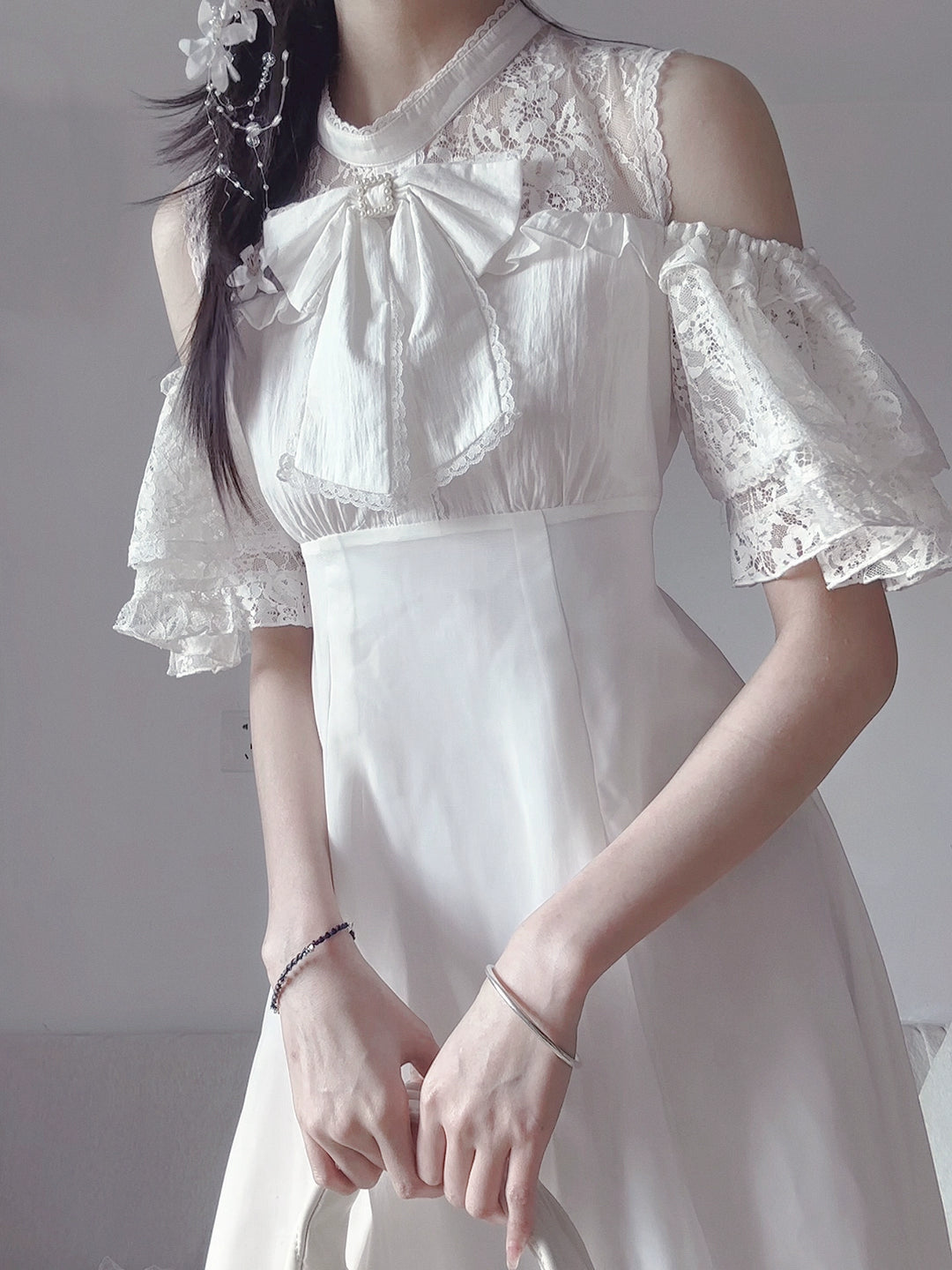 Elegant Long Jirai Kei Dress, Lace Ruffle Open-Shoulder 43651:782329