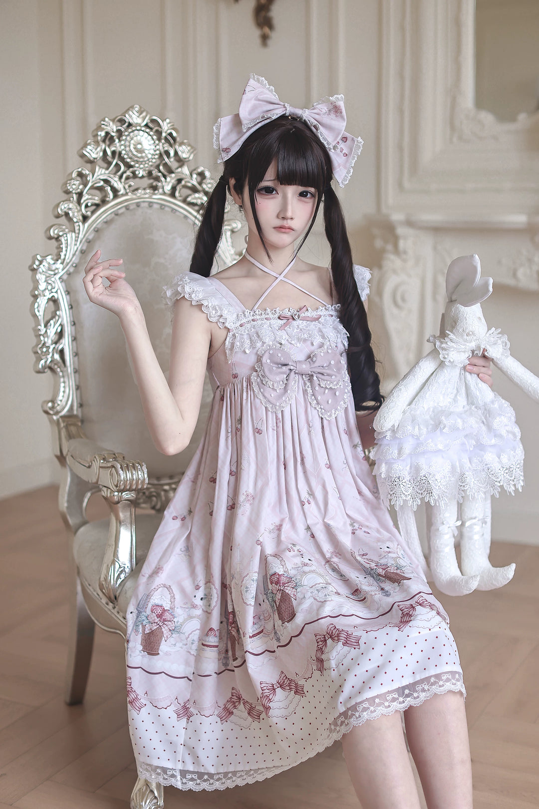 Strawberry Bunny Printed Kawaii Lolita Dress, Halter Neckline 45456:857968