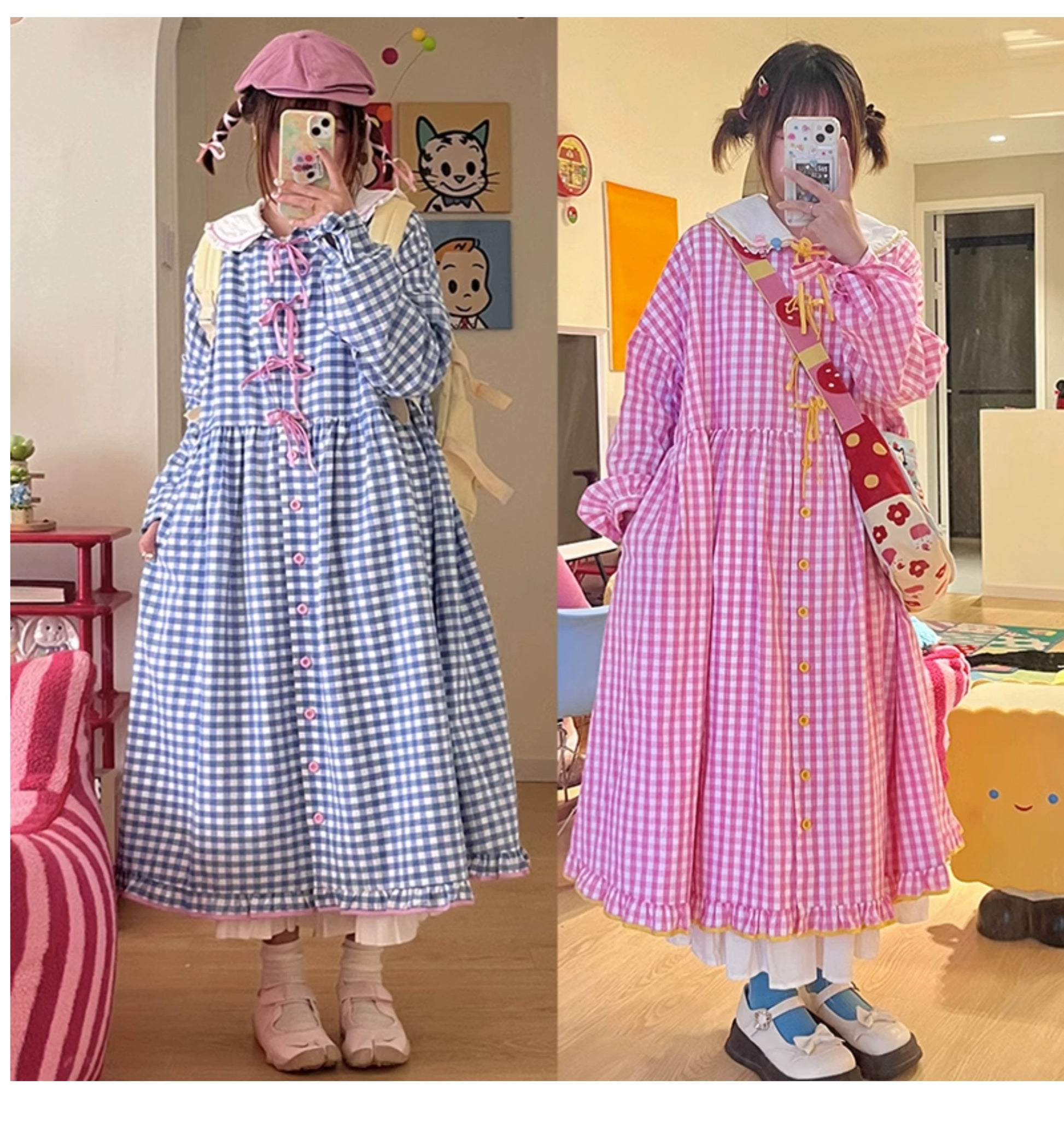 Oversized Mory Kei Dress Plaid Long Sleeve Dress Sweet Dress 36168:517362