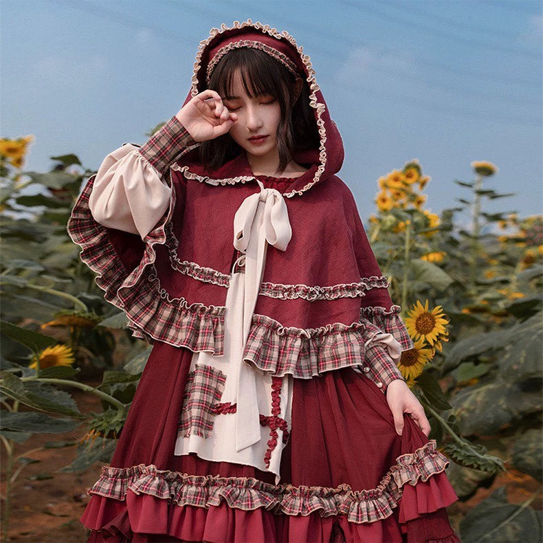 Red Lolita Dress Hooded Cape Set Autumn Lolita Outfit S / Outfit Set (cape + Dress + triangle head scarf) Red Lolita Dress Hooded Cape Set Autumn Lolita Outfit S / Outfit Set (cape + Dress + triangle head scarf)