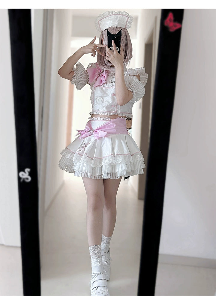 Jirai Kei Skirt Two-Piece Idol Stage Outfit Short-Sleeve Top and Skirt Set 41562:704888