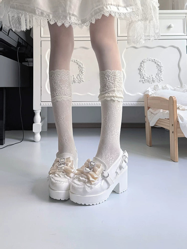 Jirai Kei Chunky Heel Slip-on Shoes, Bows and Pearls 45868:866976