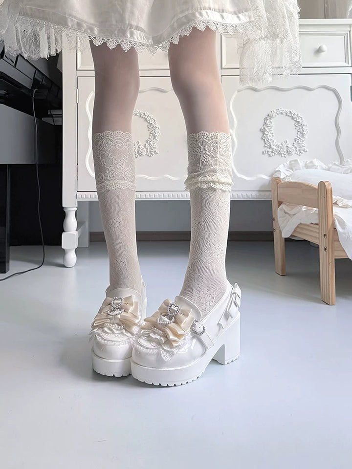 Jirai Kei Chunky Heel Slip-on Shoes, Bows and Pearls 45868:866976