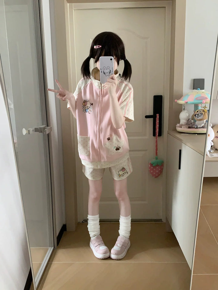 Kawaii Jacket and Shorts Set, Star & Cat Embroidery 45640:857452