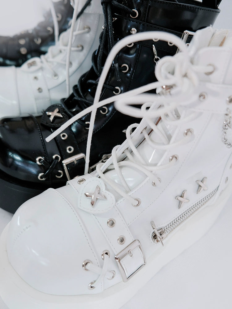 Punk Shoes Black White Platform Gyaru Fashion Combat Boots 29710:368880