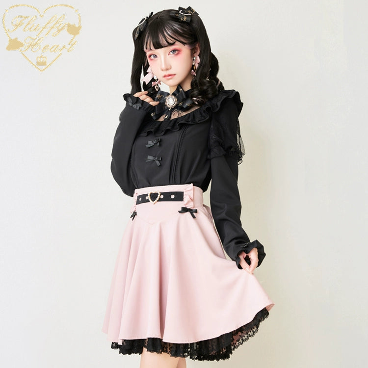 Jirai Kei Black Pink Skirt Heart Buckle High-Waisted Skirt (Large Small / Pink) 21934:366404