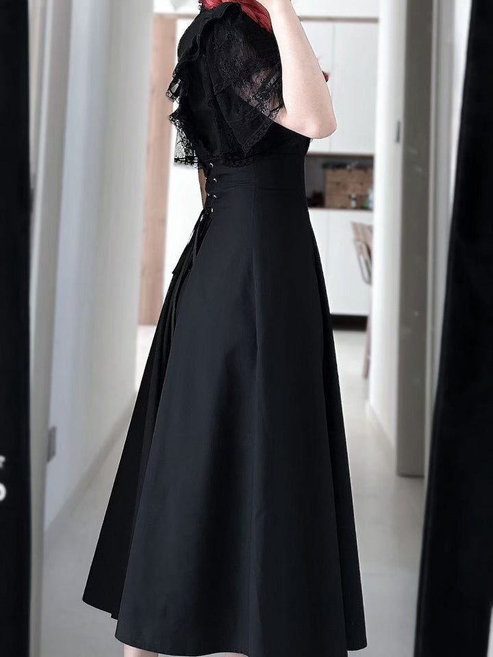 Jirai Kei Dress Black White Slim-fit Long Dress Layered Lace 42246:738803