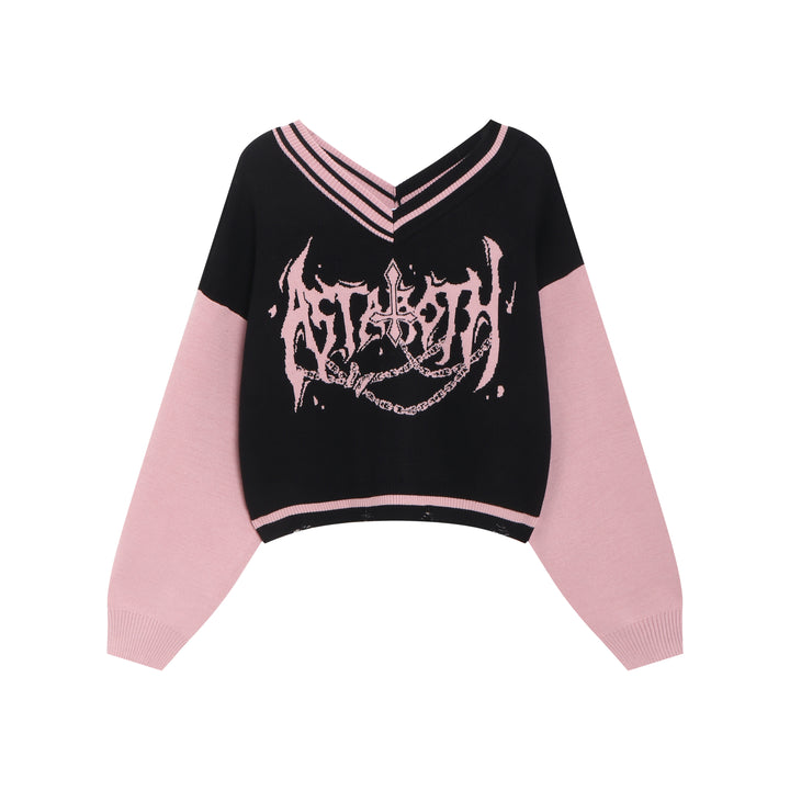 Y2K Sweater Gyaru V-neck Black-Pink Sweater For Winter 41790:713734