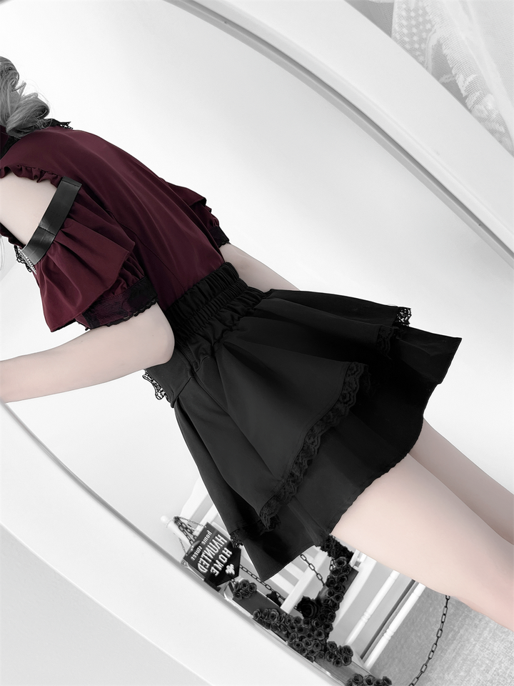 Jirai Kei High-Waist Skirt, Double Layered Lace Hem 45425:848615