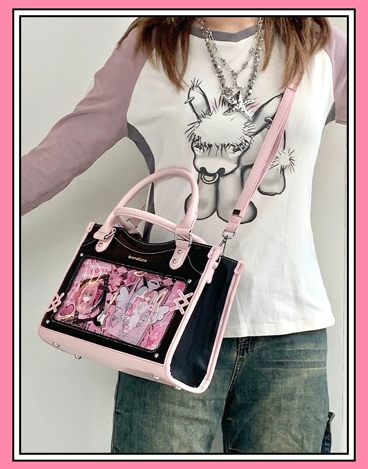 Y2K Square Shaped Ita Bag, Clear Window & Star Chain 45418:848170