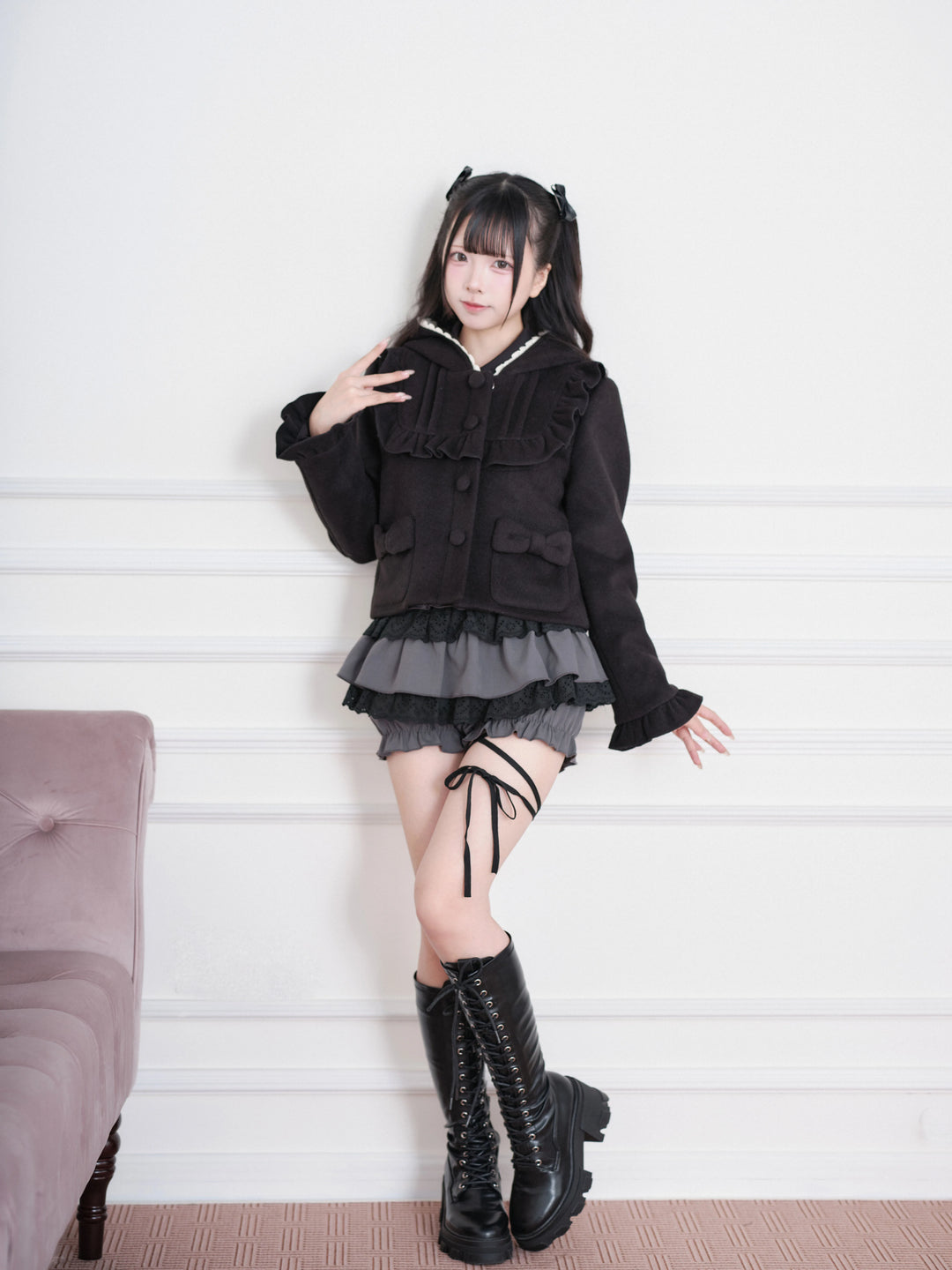 Ryousangata Hooded Solid Coat, Ruffled Neckline 45955:870315