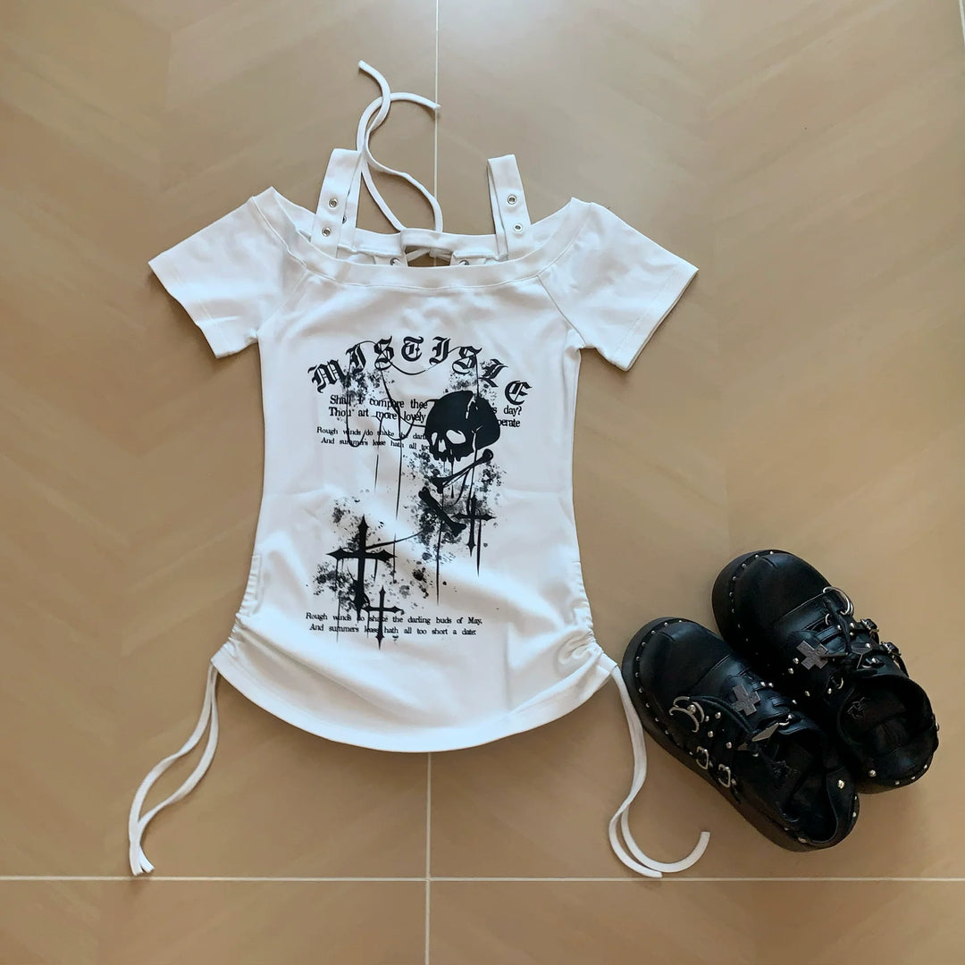 Subculture Skull Printed T-Shirt, Side Drawstring (L M S) 45643:858237