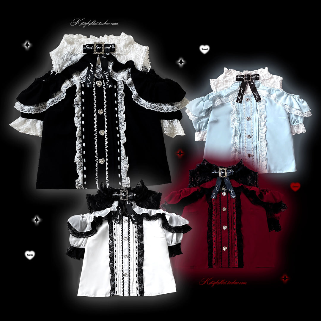 Lace Open Shoulder Jirai Kei Blouse, Heart Rhinestone 43692:783165