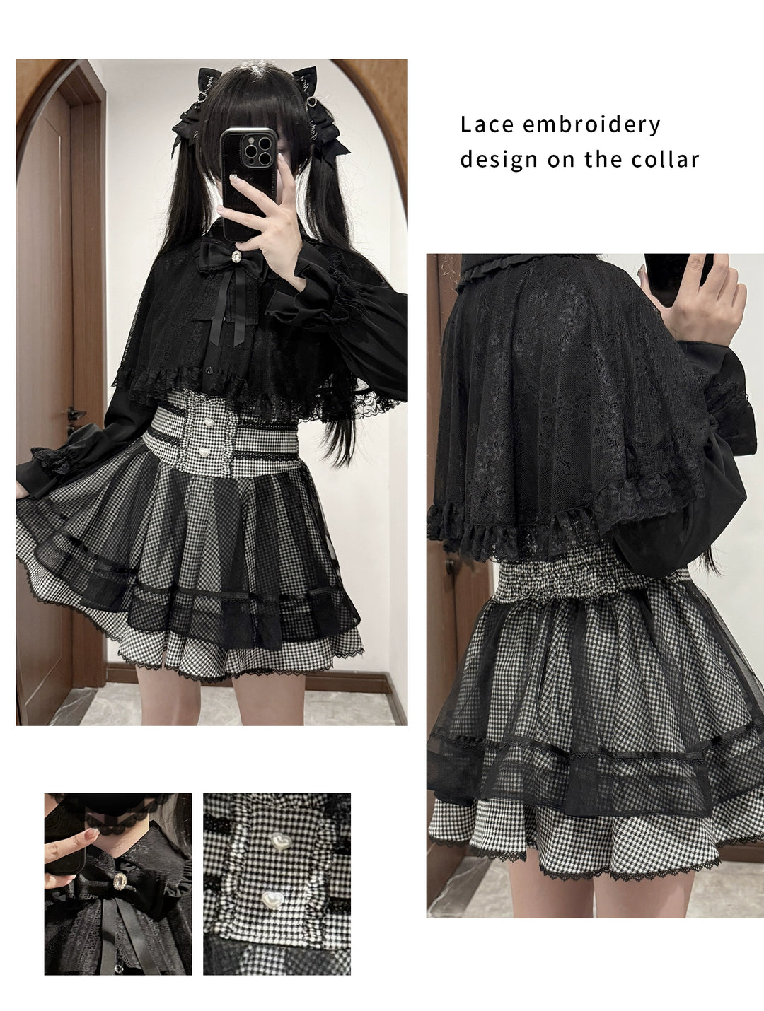 Jirai Kei Lace-cape Blouse, High-waist Skirt Outfit 43933:790380