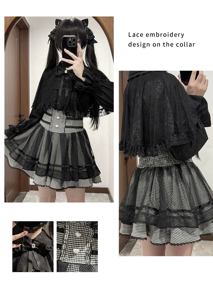 Jirai Kei Lace-cape Blouse, High-waist Skirt Outfit 43933:790380