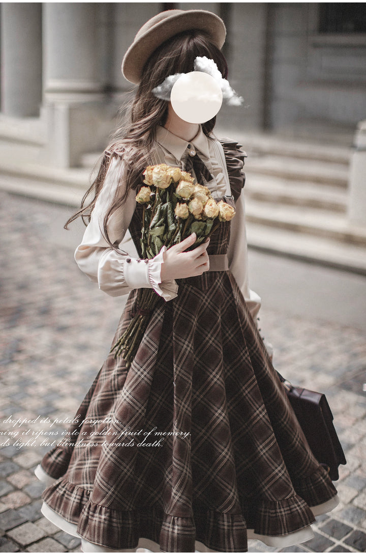 Retro Lolita OP Dress And Brown Lolita Coat Plaid Dress 41080:685968