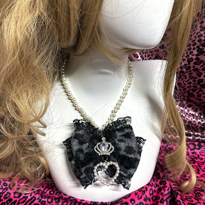 Gyaru Leopard Pearl Necklace, Crown and Heart Rhinestone 45563:852826