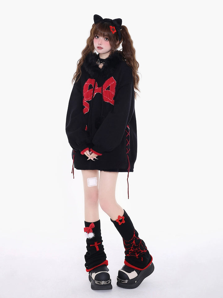 Yami Kawaii Sweater Bow Black Red Hoodie Detachable Collar 39556:639616