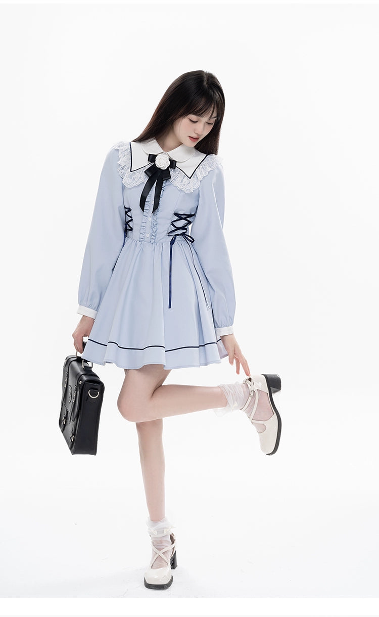 Kawaii French Style Light Blue Long Sleeve Ribbon Dress 21990:325096 21990:325096